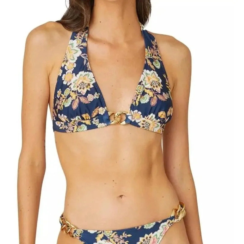 NWT Shoshanna Bikini Top Navy Multi‎ Floral Ring Triangle Halter Womens Size C